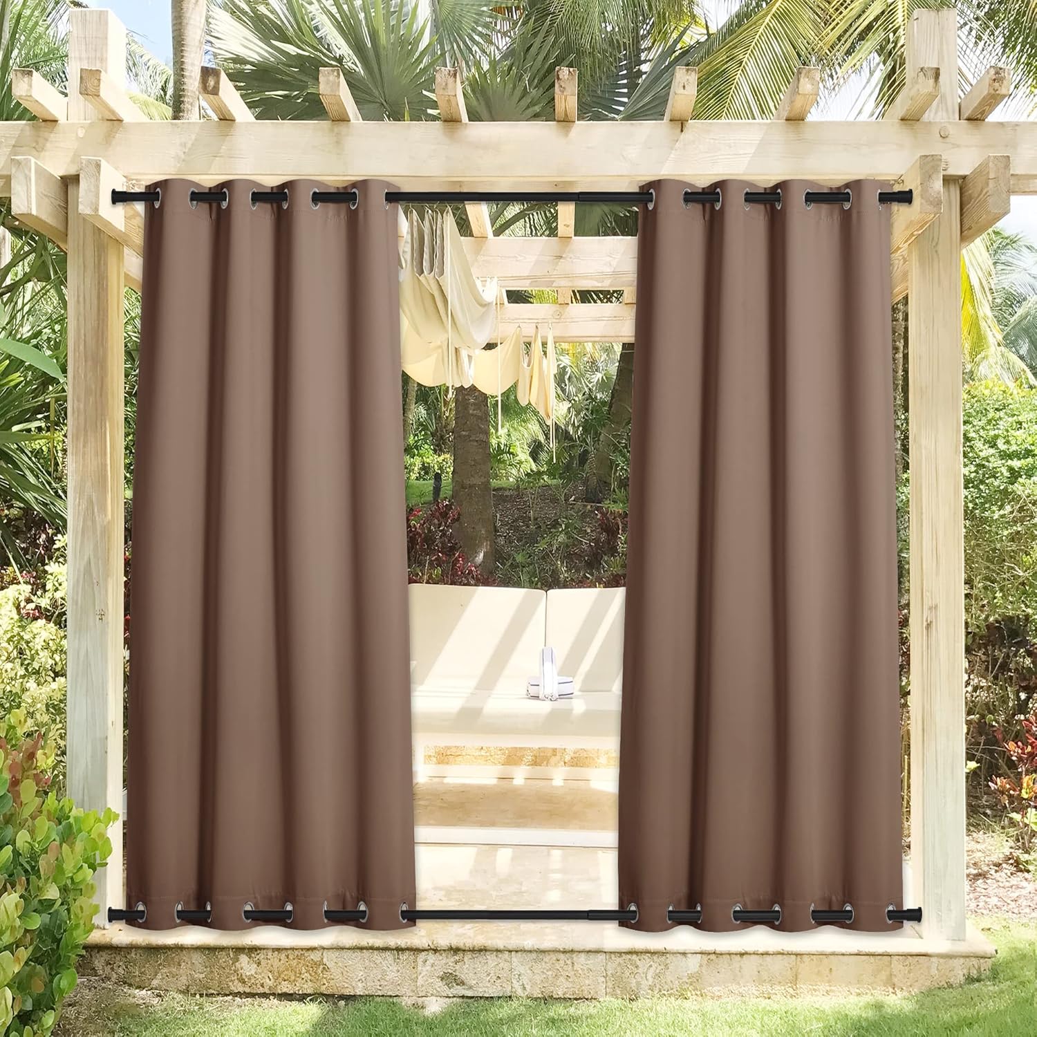 Outdoor Curtains - NICETOWN 2 Panels Outdoor Curtains for Patio Waterproof Top and Bottom Grommet, Thermal Insulated Rustproof Blackout Outdoor Drapes, Windproof & Keep Privacy, W52 x L95, Tan-Khaki