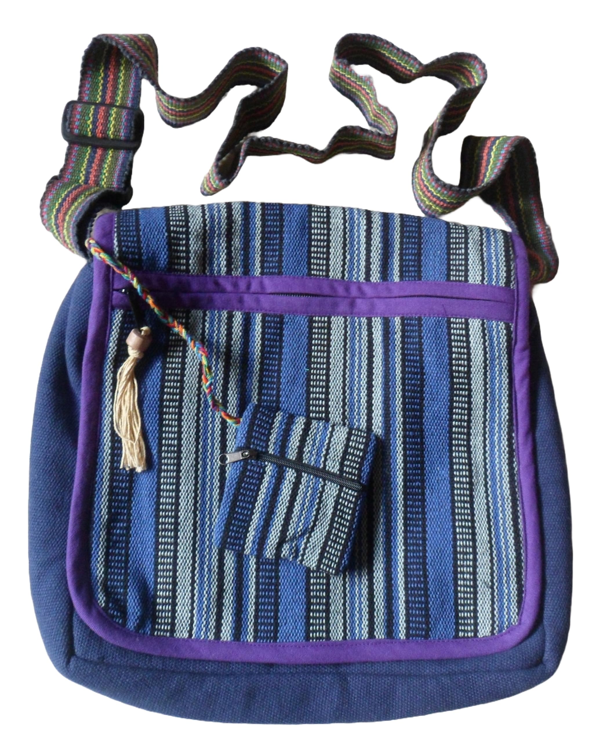 FAIR TRADE COTTON GHERI BEACH TRAVEL HIPPY BOHO FESTIVAL SHOULDER BAG & PURSE (Navy & Multi)(Size:M)