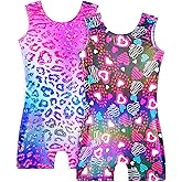Snowheart Gymnastics Leotards for Girls - 2 Pack of Sparkly One-Piece Pro Kids Unitard Biketards with Shorts for Ages 2-9