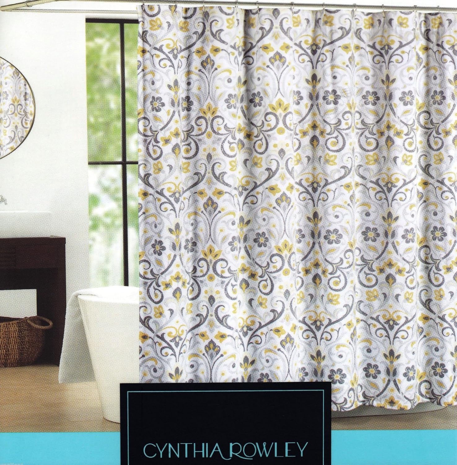 Cynthia Rowley Baaman Grey And Yellow Floral Scroll Fabric Shower