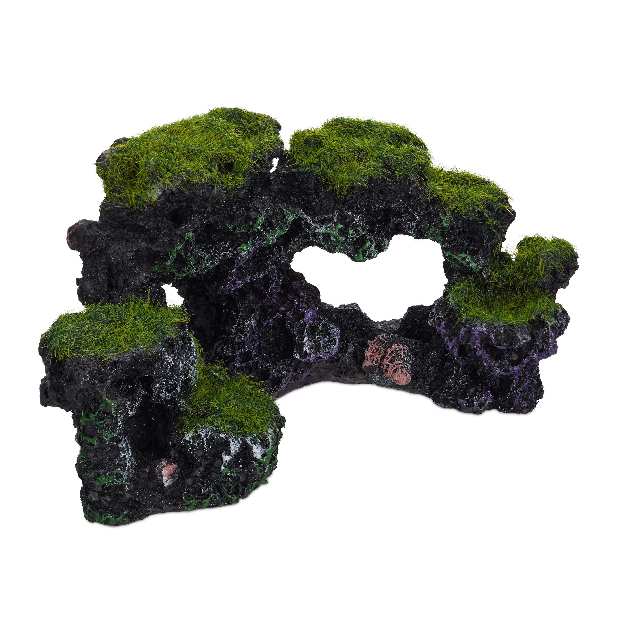 Relaxdays Aquarium Decoration, Mossy Rocks, Natural Look, Fish Tank Ornament, Shells, HxW 8.5 x 17 cm, Black/Green