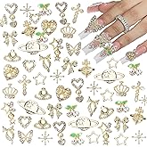 45PCS Gold Nail Charms Y2k Alloy Nail Art Rhinestone Charms 3D Heart Bow Butterfly Planet Cross Charm with Rhinestones Cherry Star Nail Gems Shiny Jewelry Nail Decorations Accessories Supplies A
