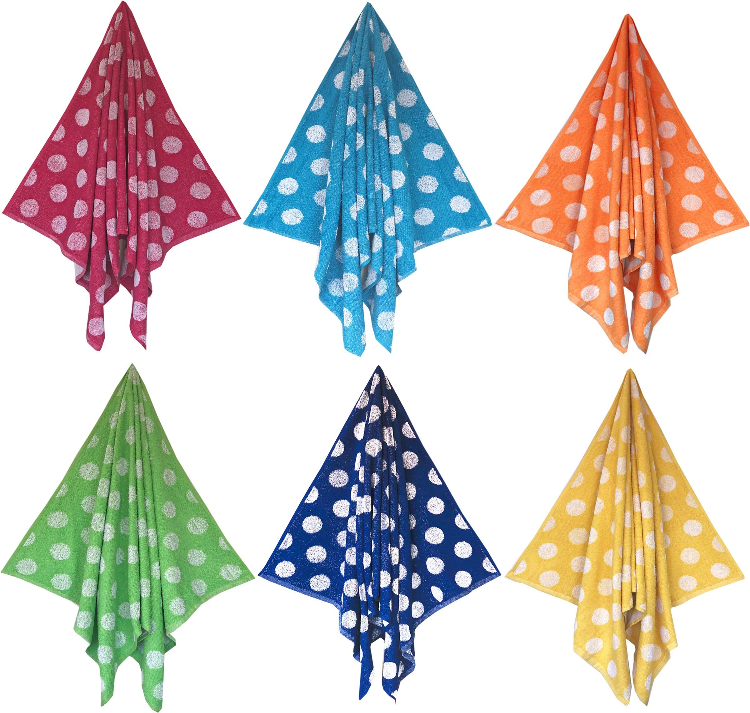 Espalma Cabana Polka Dot Cotton Beach Towel Set, Bright Dots Luxury 30 Inch Wide x 60 Inch Long Set of 6 - Soft and Plush Absorbent Terry Cotton Terry Pool, Spa Towel Set, 6 Color Pack, Multi