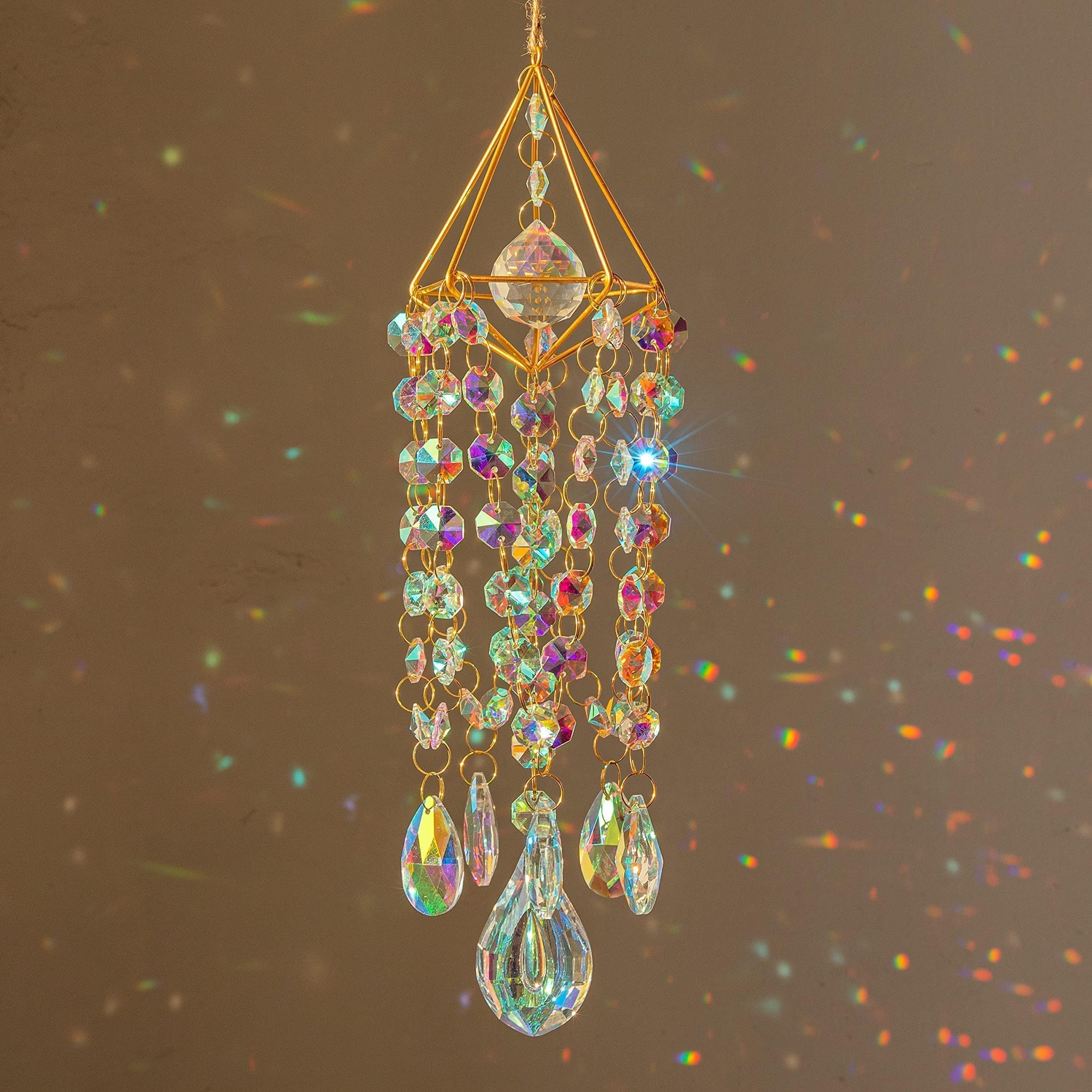 HDCRYSTALGIFTS Crystal Suncatchers Hanging Wind Chime Style Garden Suncatcher Rainbow Maker Handmade Gold Plated Suncatcher Crystal Prism Sun Catcher for Windows Glass Ball Hanging Ornaments Decor