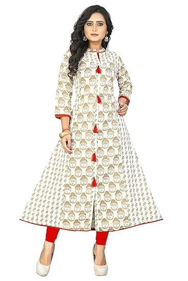 Navabi Export Womens White Color Cotton Fabrics A-Line Kurta (VF-KU-95)