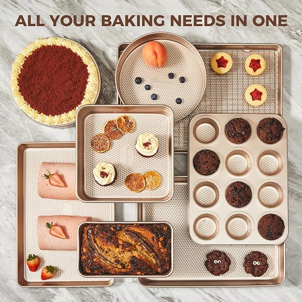 HONGBAKE 9-PIECE BAKING PANS SET NONSTICK, STACKABLE NON TOXIC BAKEWARE SETS WITH DIAMOND TEXTURE, OVEN PAN SET FOR COOKING, INCLUDES COOKIE SHEET WITH RACK, CAKE PAN, ROASTING PAN, MUFFIN TIN, GOLD
