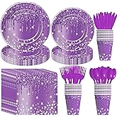 YJRJSC Purple Plates and Napkins Party Supplies - Decorations Tableware, Paper Plate, Napkin, Cup, Disposable Cutlery, Glitter Bridal Shower Birthday Table Decorations | Serve 24