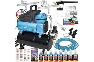 Master Airbrush Cool Runner Dual Fan Air Compressor with Storage Tank - Professional Airbrushing System Kit with 3 Airbrushes Gravity & Siphon Feed, 6 Primary Opaque Colors Acrylic Paint Art Set