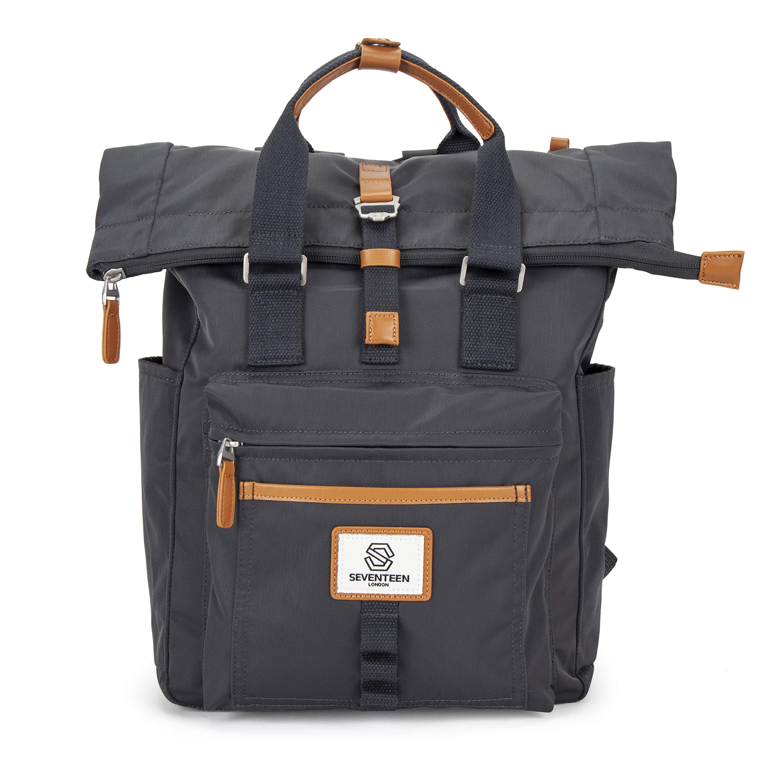 SEVENTEEN LONDON – Modern Cycling Dark Grey 'Canary Wharf' Fold Roll Top Backpack in a Classic Slim Urban Design – Fits Laptops up to 15"
