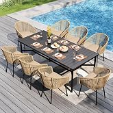 PHI VILLA 9pc Outdoor Dining Set, 83" Rectangle Table &amp; 8 Rattan Chairs | Outdoor dining set for 8, Metal table with umbrella hole, Cushioned brown wicker chairs. Modern design for patio, deck, porch