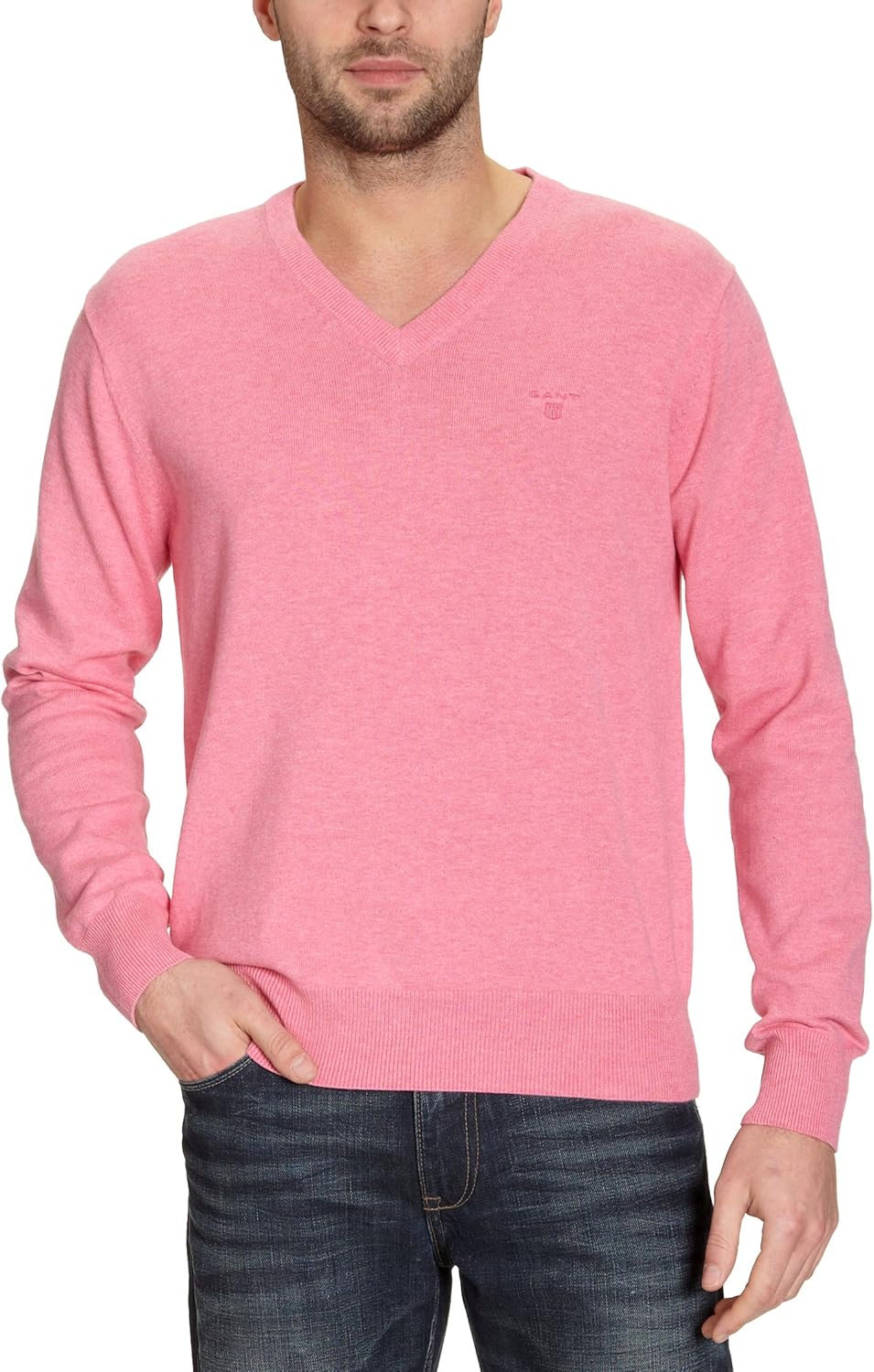 GANT Men's Light Weight Cotton VNeck Jumper, Pink (Rose Melange), 54