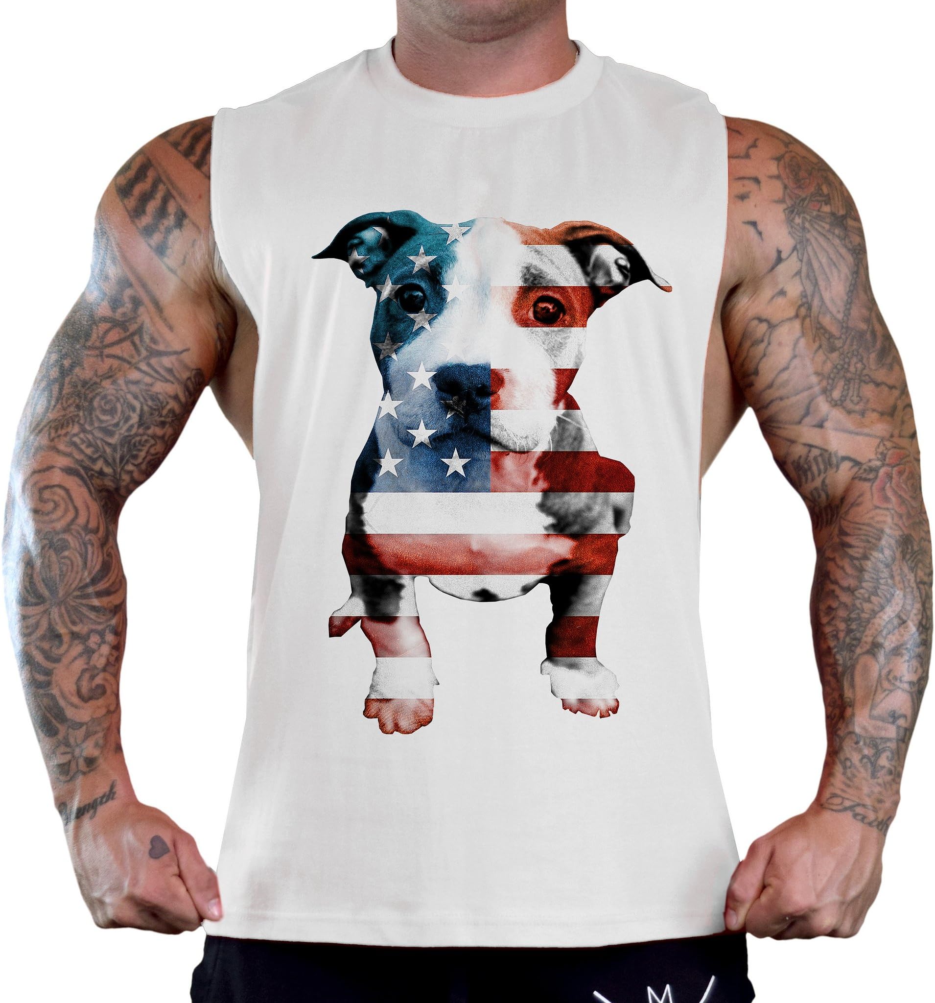 Men's American Flag Pitbull Puppy Tee B755 PLY White T-Shirt Tank Top