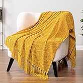 Pavilia Mustard Yellow Throw Blanket for Couch & Sofa Bed, Soft Knit Woven Gold Blanket with Tassel, Decorative for Chair & Living Room, 50x60