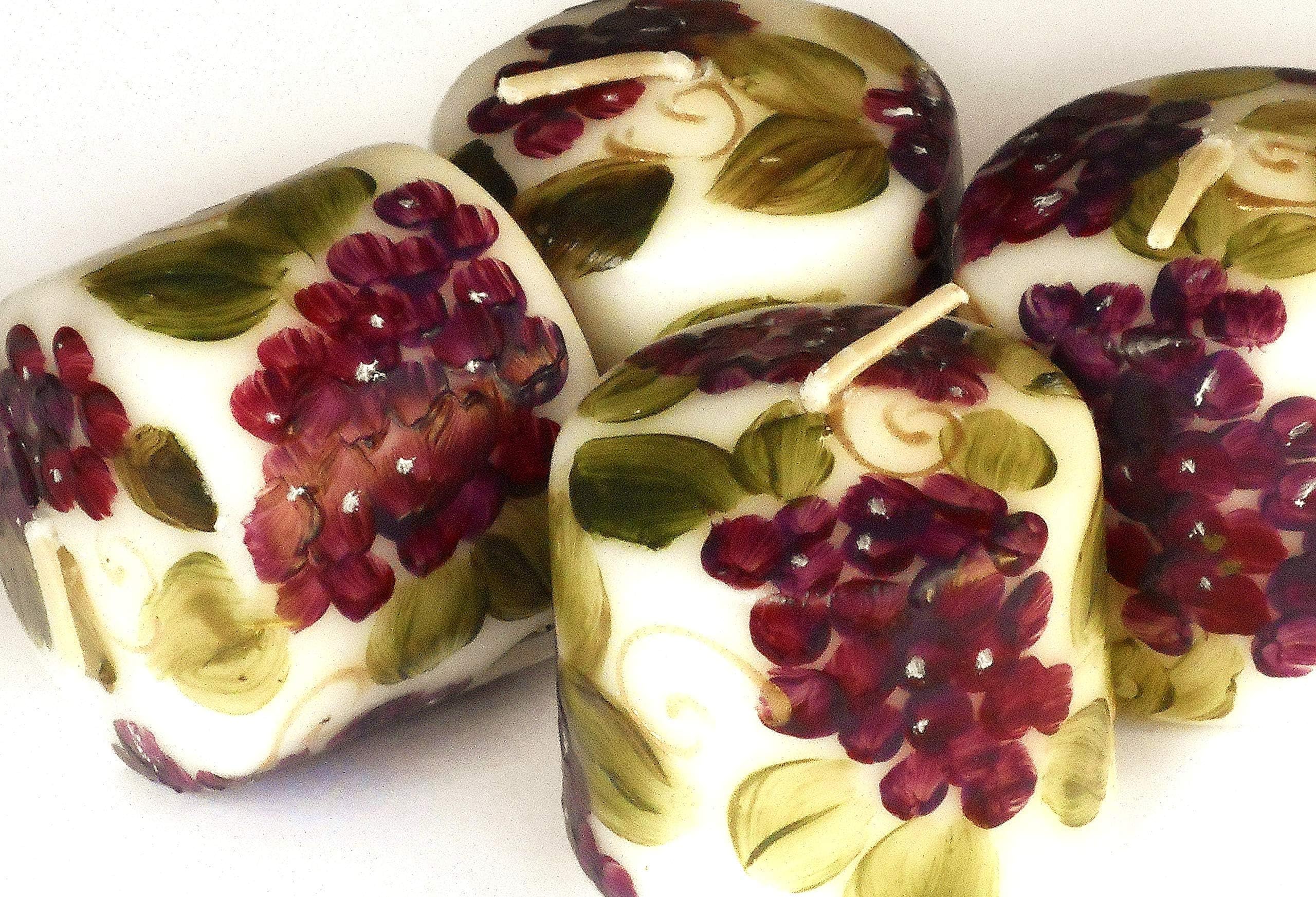 Cute Small Mini Ivory Votive Candles Hand Painted Grapes Grapevines Set of 2 or 4 Tuscan Mediterranean Decor