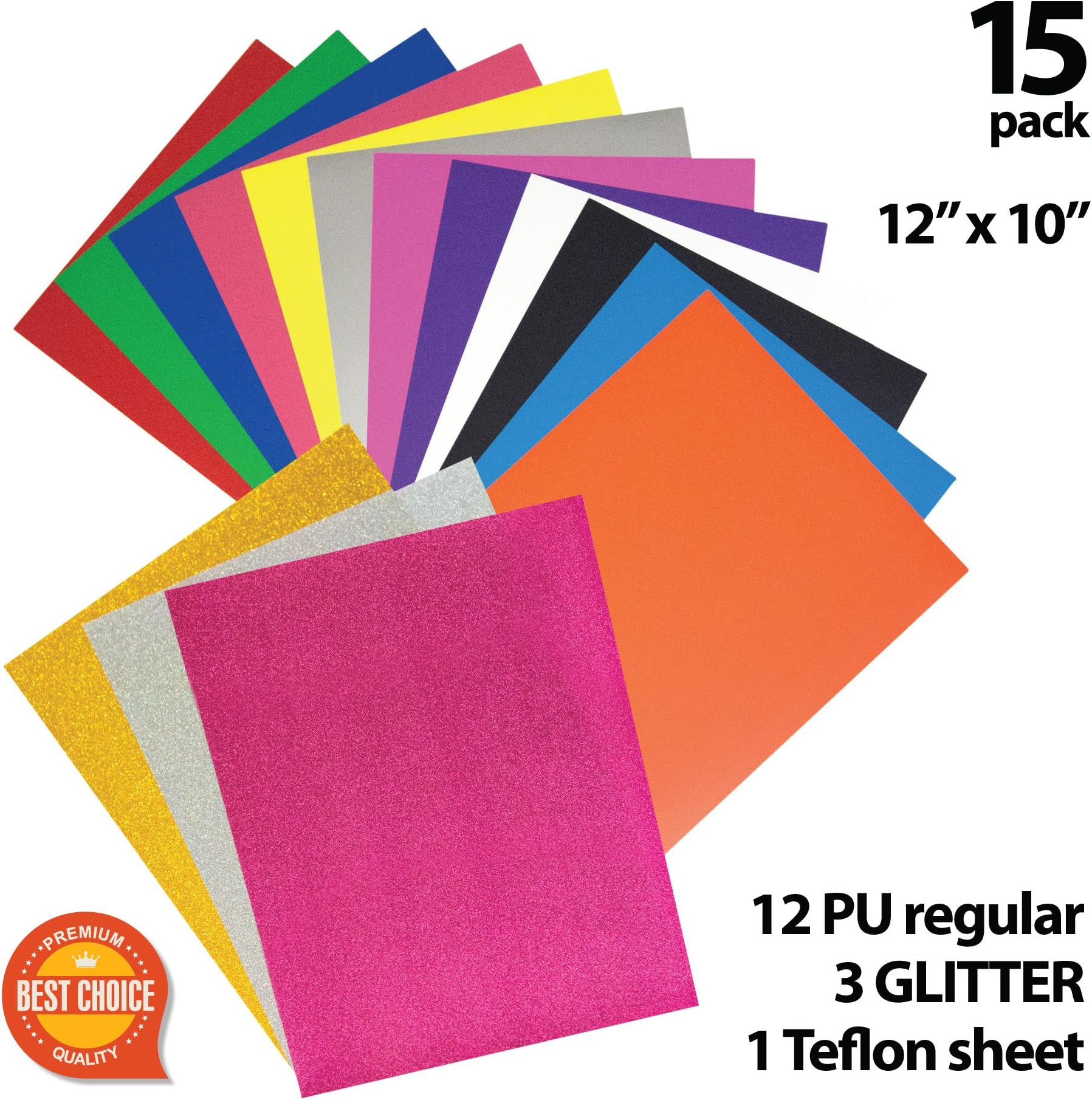 15 Heat Transfer Vinyl Sheets – Professional Quality Iron On HTV Vinyl Heat Transfer Selection in Lasting, Vibrant Colors & Glitter Sheets for Silhouette Cameo, Cricut, PU Heat Press Machine - 12x10