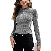 YYA Women's Sparkly Tops for Women Ruffle Sparkly Shiny Turtle Neck Shirts Long Sleeve Slim Fitted Tops S-XXL