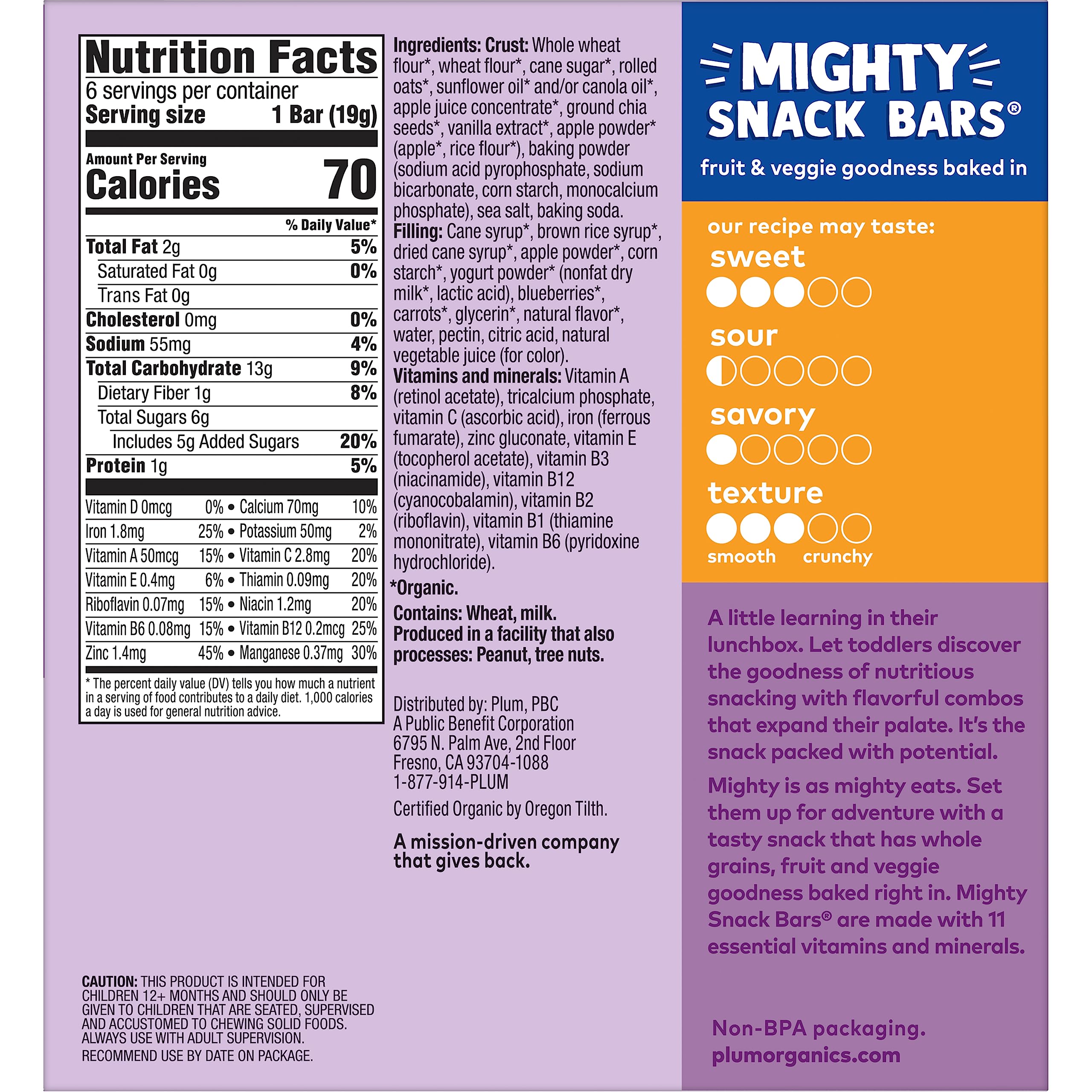 Plum Organics Mighty Snack Bars - Blueberry - 0.67 oz Bars (Pack of 6) - Organic Fruit and Vegetable Toddler Food Snack Bars