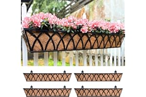 LÁLÁGREEN LaLaGreen Railing Planter Box (36 Inch, 4 Pack) Black Metal Rectangular Window Boxes for Outdoor Plants, Large Wall Hanging Planters with Coco Liner Modern Bracket Garden Rail Fence Patio Porch Decor