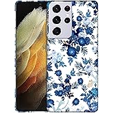 GlamCase for Samsung Galaxy S21 Ultra 5G, Samsung S21 Ultra Case - Blue Floral Printed Cute Slim Fit Hard Plastic Protective Designer Back Phone Case/Cover for Samsung S21 Ultra 5G