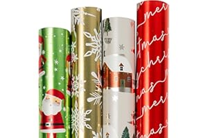 JAM PAPER Assorted Gift Wrap - Christmas Foil Wrapping Paper - 100 Sq Ft Total - Holographic Merry Christmas Set - 4 Rolls/Pa
