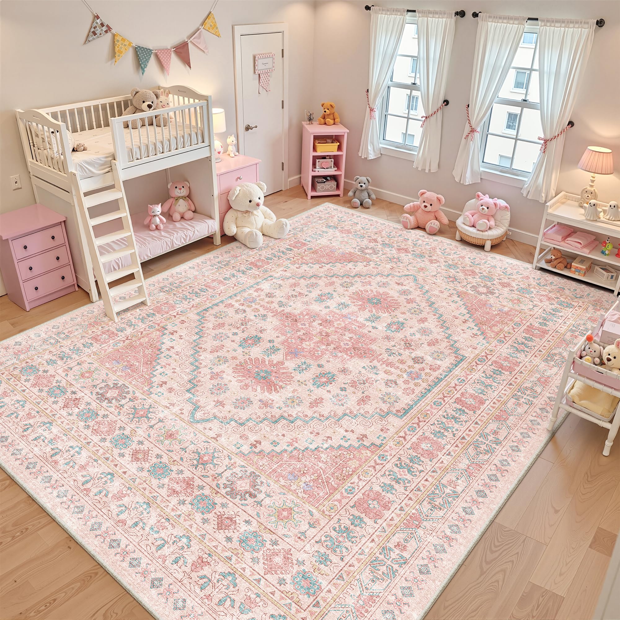 Photo 1 of zesthome 9x12 Area Rugs for Girls Bedroom, Low Pile Machine Washable Rugs, Vintage Large Pink Rugs, Stain Resistant Nursery Room Rug, Baby Crawling Rug (Pink/Blue,9'x12')