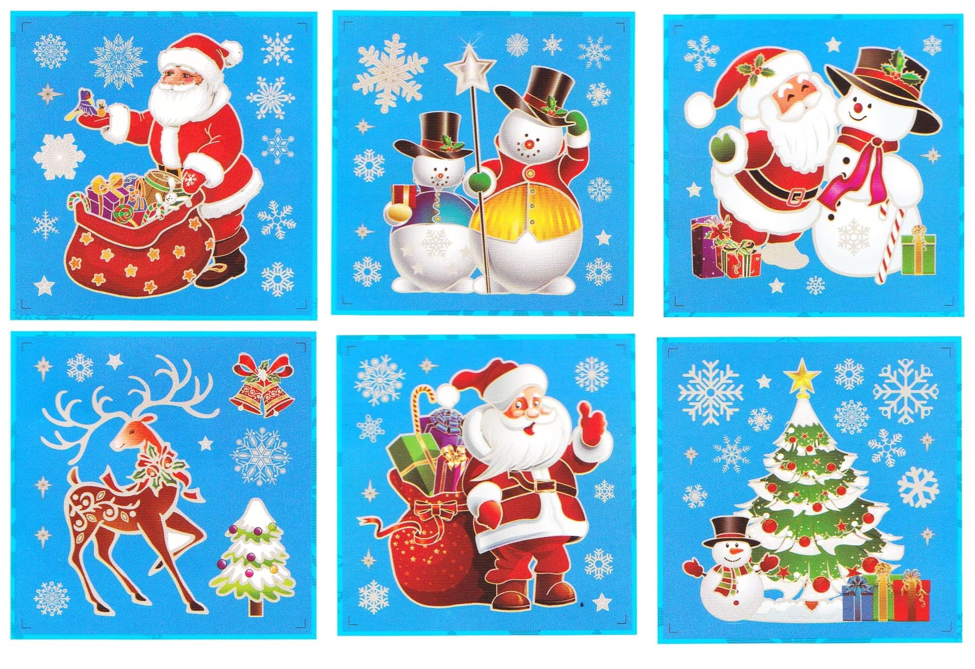 3D Christmas Window Stickers Colourful - 6 Assorted Sheets Christmas Window Decorations Clings Reusable Glass Snowflakes Sticker Christmas Scene, PVC Static Xmas Window Display Decals