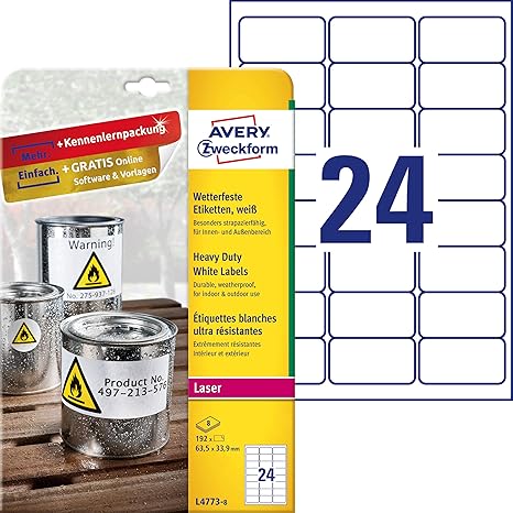 Amazon Com Avery Zweckform L4773 8 Outdoor Film Labels 8 Sheets 192 Labels Weatherproof 63 5 X 33 9 Mm White Office Products