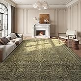 Trsury 8x10 Rugs for Living Room,Washable Boho Olive Green Rug with Non-Slip,Low-Pile,Stain Resistant, Foldable Floor Carpet for Dining Room,Bedroom