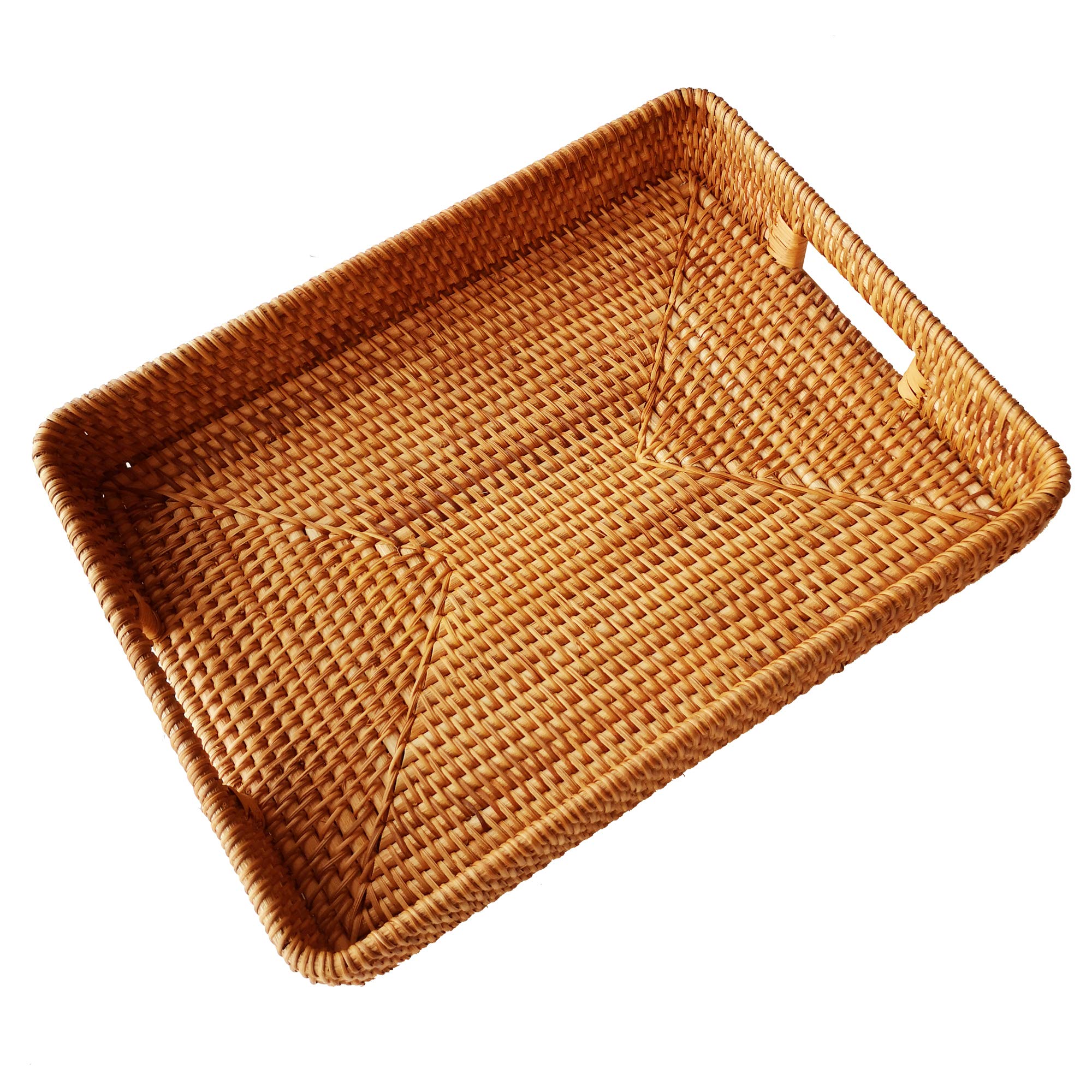 Photo 1 of i-lan 15 Inch Large Size Handwoven Serving Tray, Decorative Rectangular Rattan Basket Bread Trays with Handles and 2.3”Wall, Vintage Organizer Plate Wicker Basket Tray for Dessert, Snack, Candy, L