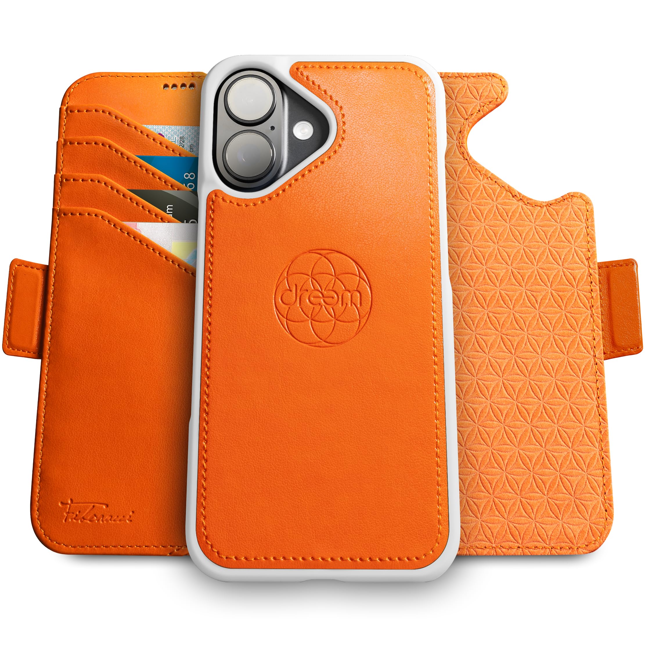 dreem Wallet Case for iPhone 16 Plus, Revolutionary Vert/Hor Phone Stand, Magnetic Detachable Vegan Leather Flip Cover RFID Blocking Card Holder, MagSafe-Fit, Gift Box [Fibonacci: Orange]