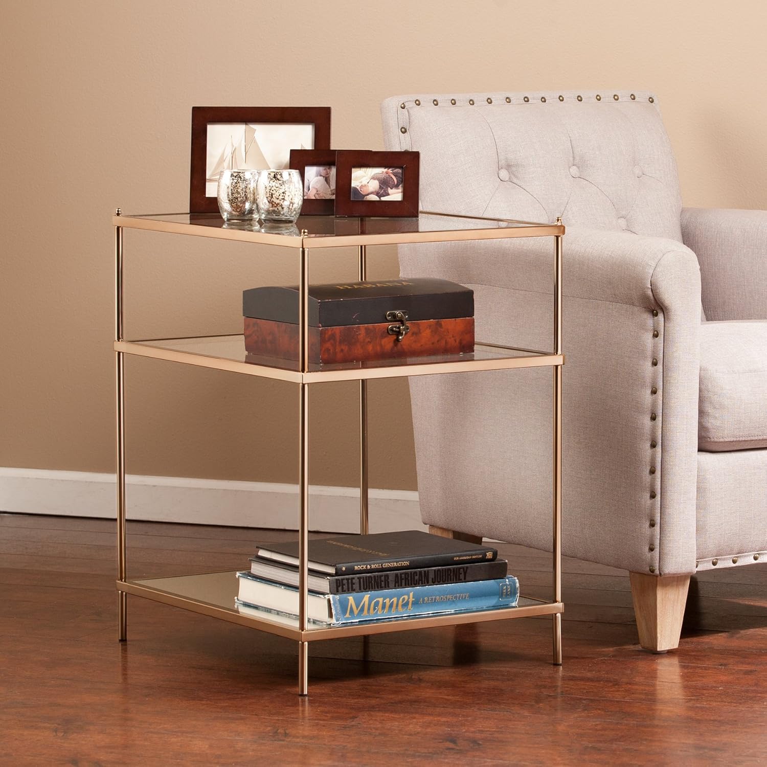Knox Side Table Metallic Gold Metal Frame w/ Glass Tops Glam Style