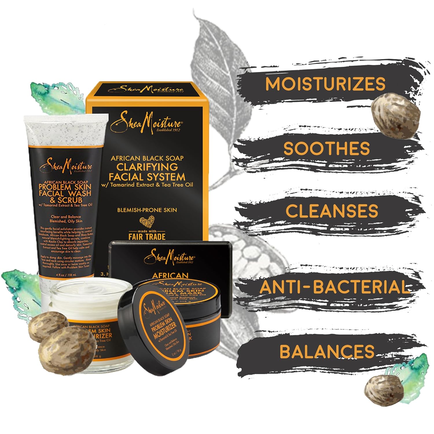 SheaMoisture African Black Soap Facial System Kit |4oz. Facial Wash & Scrub |4 oz. Problem Skin Facial Mask | 2oz. Moisturizer | 3.5oz Bar Soap : Beauty