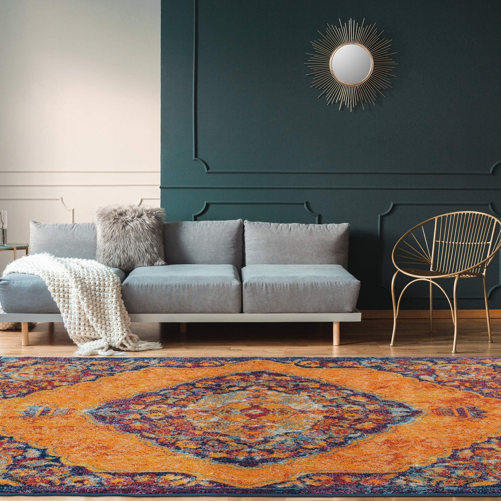 Machine Washable Vintage Distressed Design Jute Back 8x10 Abstract Indoor Area Rug for Bedroom, Living Room, Dining Room, Office, 7'10" x 9'10", Orange