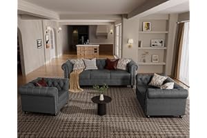 Morden Fort 3 Piece Classic Chesterfield 6-Seater Set, Tufted Chair & Loveseat & Sofa Solid Wood Legs Thick Cushion, Pet-Friendly Couch Set Furniture for Living Room Bedroom Apartment, Linen Grey