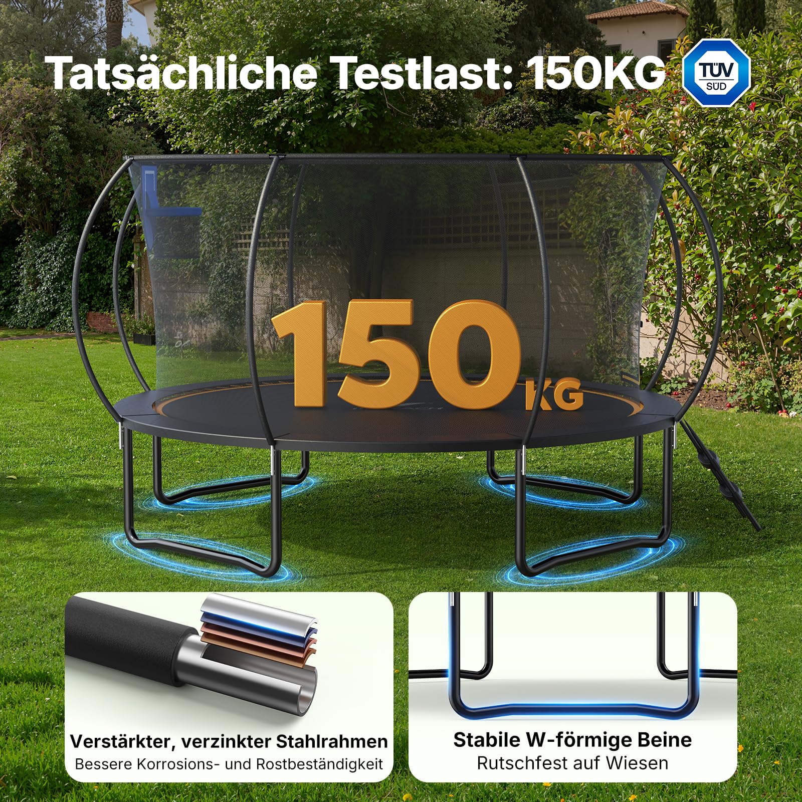 MERACH Trampolin Outdoor 305cm/366cm/427cm/488cm, Trampolin Sicherheitsnetz und Basketball, MaxLoad 150KG Bodentrampolin Outdoor Gartentrampolin 5