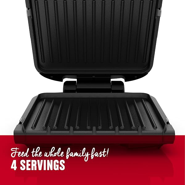 GEORGE FOREMAN 4-SERVING REMOVABLE PLATE ELECTRIC GRILL AND PANINI PRESS, GEORGE TOUGH NON-STICK COATING, DRIP TRAY CATCHES GREASE, BLACK