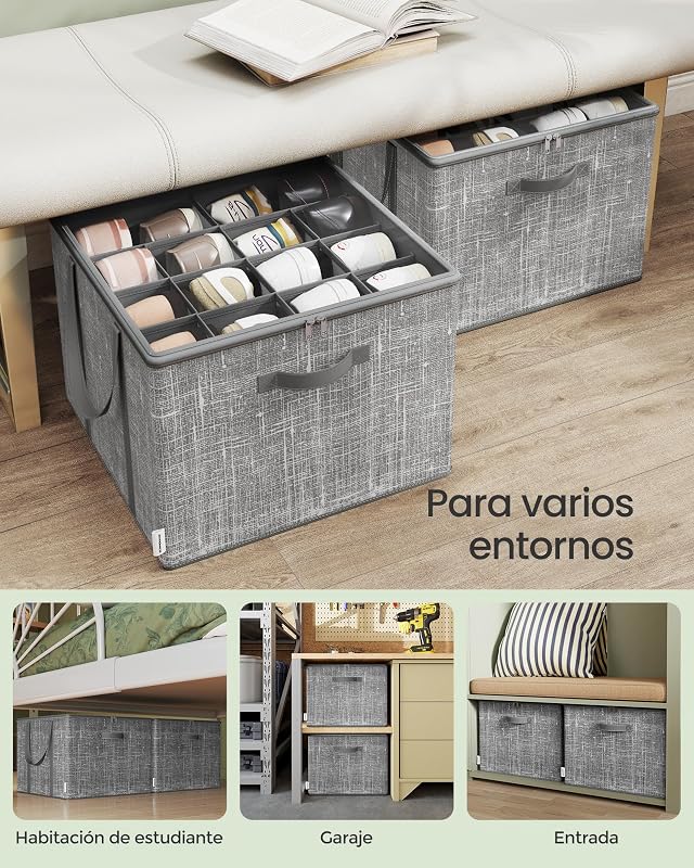 Organizador de Zapatos, para hasta 16 Pares, Caja para Guardar Zapatos, Asas, Tapa Transparente, para Armario Entrada Dormitorio, Gris Espadaña LSP601G01