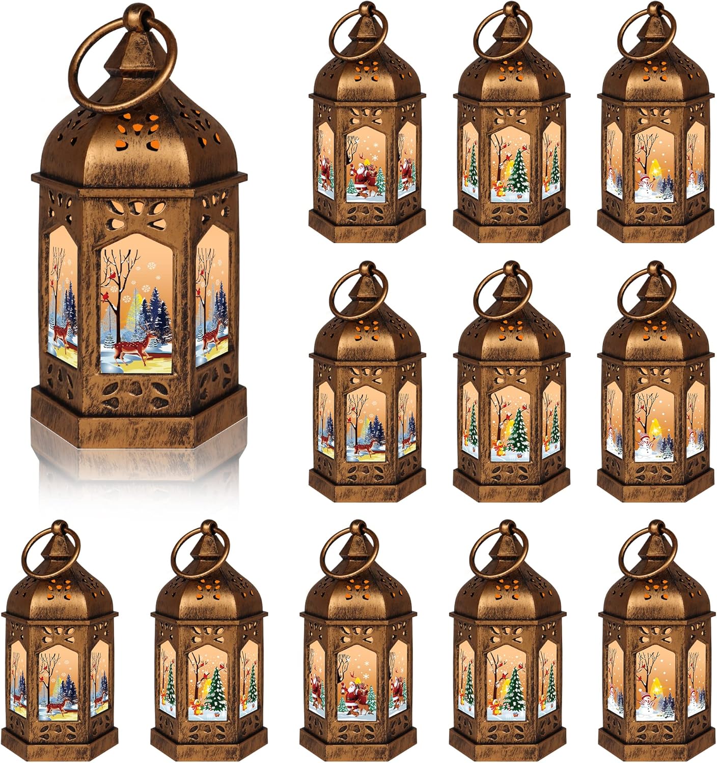 Candles & Holders - LLQ 12PCS Christmas Mini Lantern Decorative with LED Candle Bulk 5 Inch Small Hanging Lantern Table Centerpiece Vintage Lantern Ornament with Snowman Santa Tree Pattern for Xmas Party Decor, Bronze