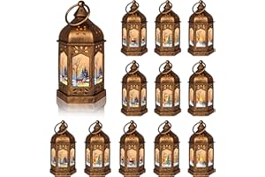 LLQ 12PCS Christmas Mini Lantern Decorative with LED Candle Bulk 5Inch Small Lantern Table Centerpiece Vintage Candle Holder Hanging Ornament with Snowman Santa Tree Pattern for Xmas Party Decor