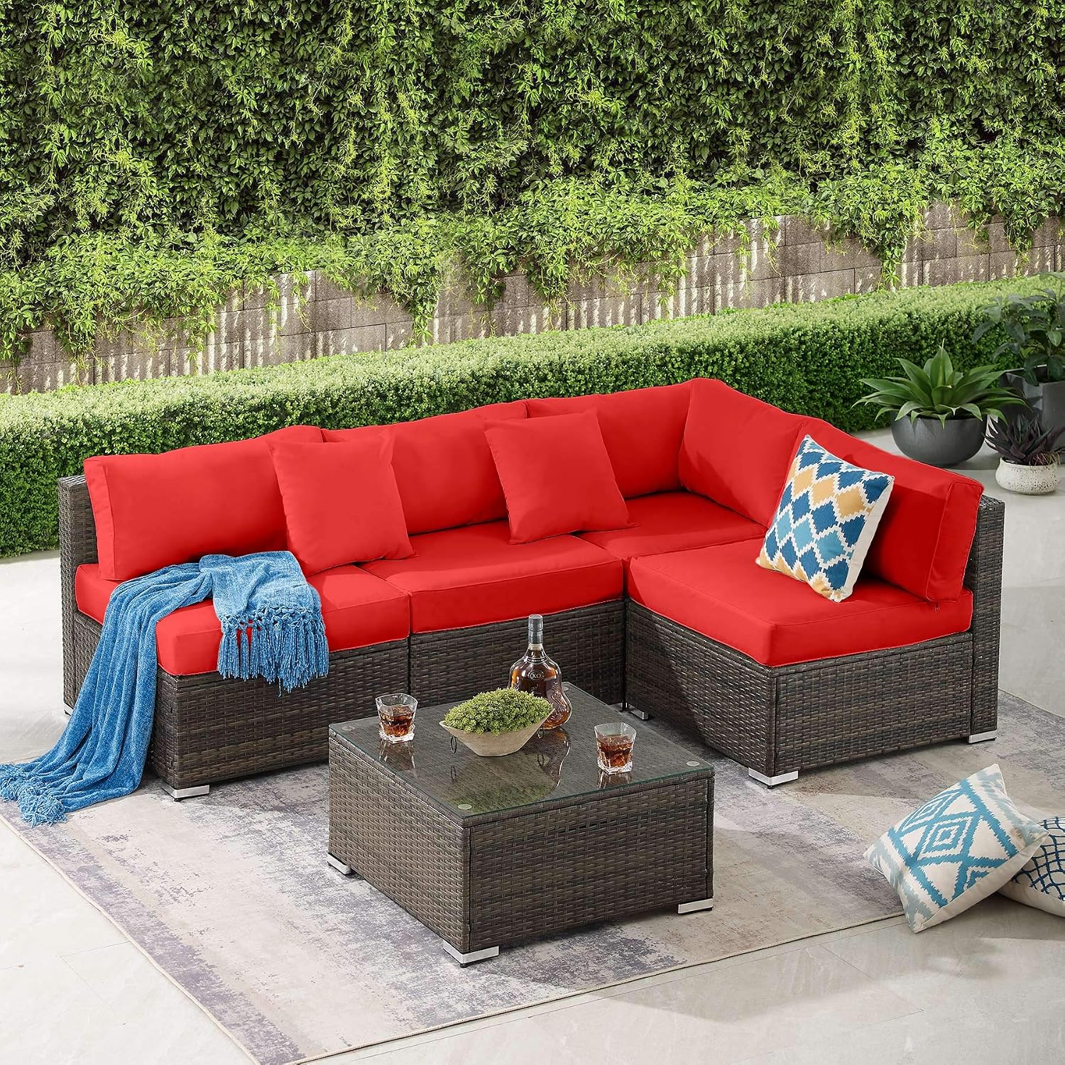 Amazon Com Tribesigns 5 Pieces Patio Furniture Set Outdoor Sectional Sofa Wicker Rattan Couch Conversation Set With Cushions And Glass Table For Porch Garden Backyard Lawn Poolside Brown Red Garden Outdoor