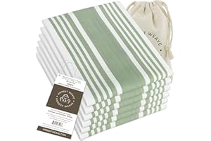 HONEST WEAVE GOTS Certified Organic Cotton Kitchen Hand and Dish Towel Sets - Oversized 20x30 inches, Fully Hemmed, in Designer Colors, 6-Pack, Sage Stripe