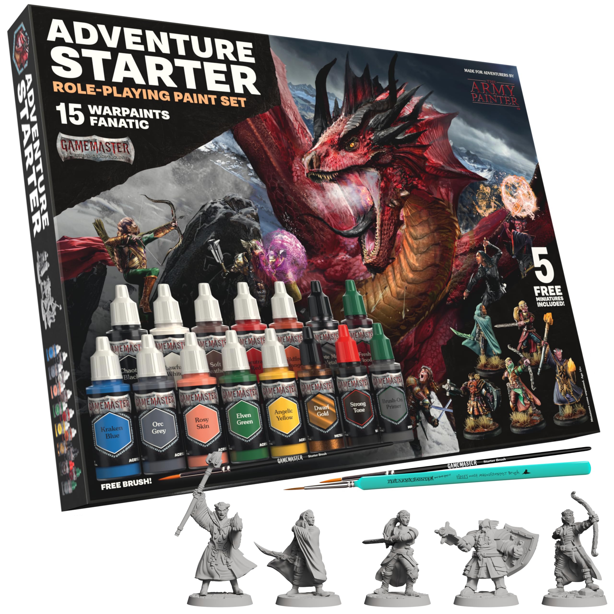 The Army Painter, GameMaster: Adventure Starter Role-playing Paint Set Combo, 15 x 18ml Warpaints Fanatic Acrylic paints, incl. a Brush-On Primer, 5 FREE Miniatures & 2 Brushes - For Warhammer & Dnd
