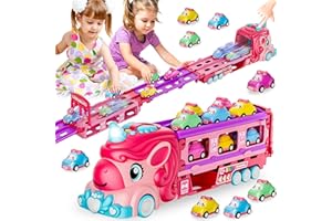 STAY FUN Unicorn Car Toys for 1-3 Girls, Unicorn Transport Truck Track Set W/Light & Sound, Friction Power Toy Cars W/ 6 Princess Cars, Foldable Track & Race Mode, Birthday Gift Idea for 2-4 5 6+ Toddler Kids.