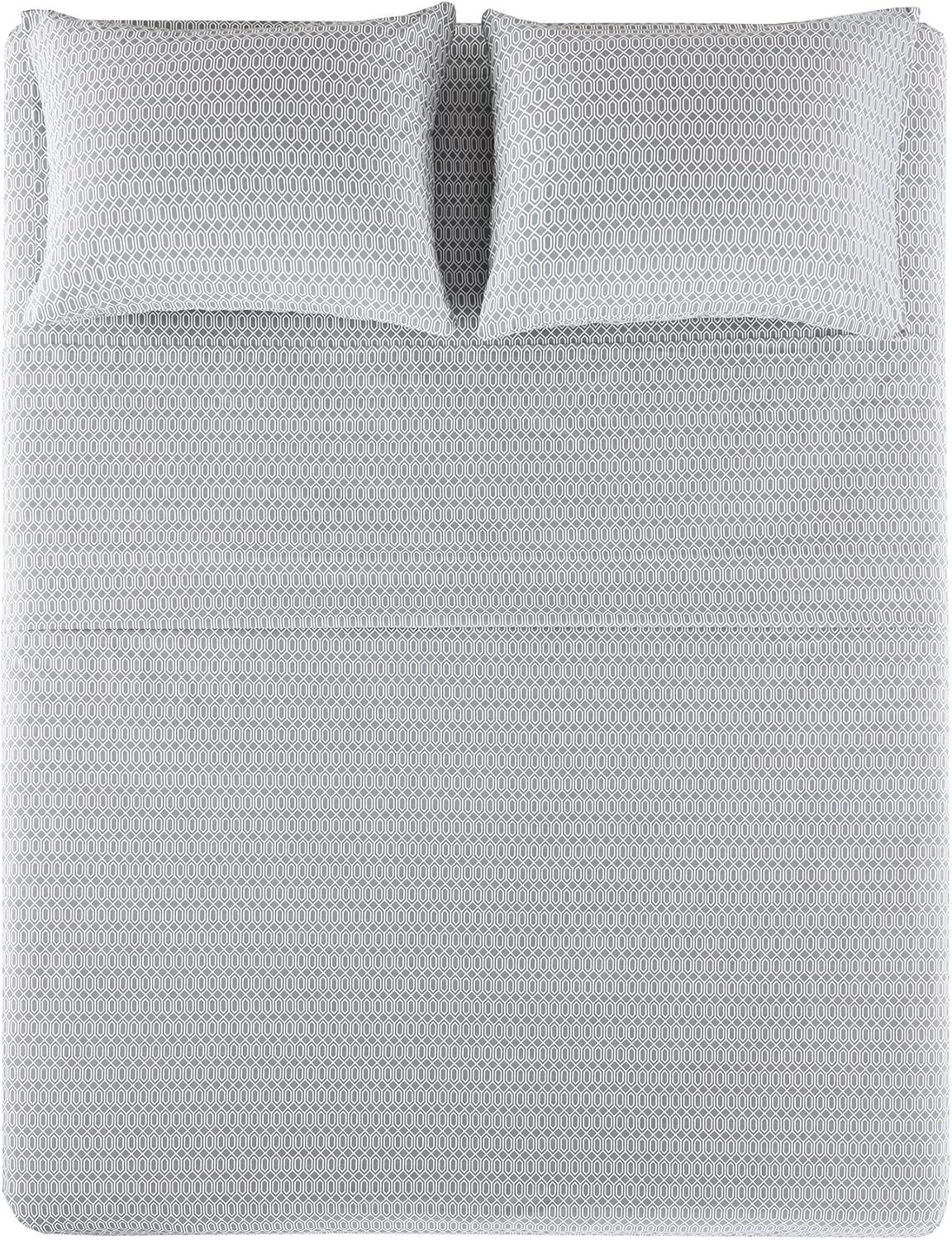 Comfort Spaces 100% Cotton Percale 4 Piece Set Ultra Soft Breathable Deep Pocket Printed Geometric Pattern Sheets with Pillow Cases Bedding, Full, Diamond Tasha Grey: Home & Kitchen