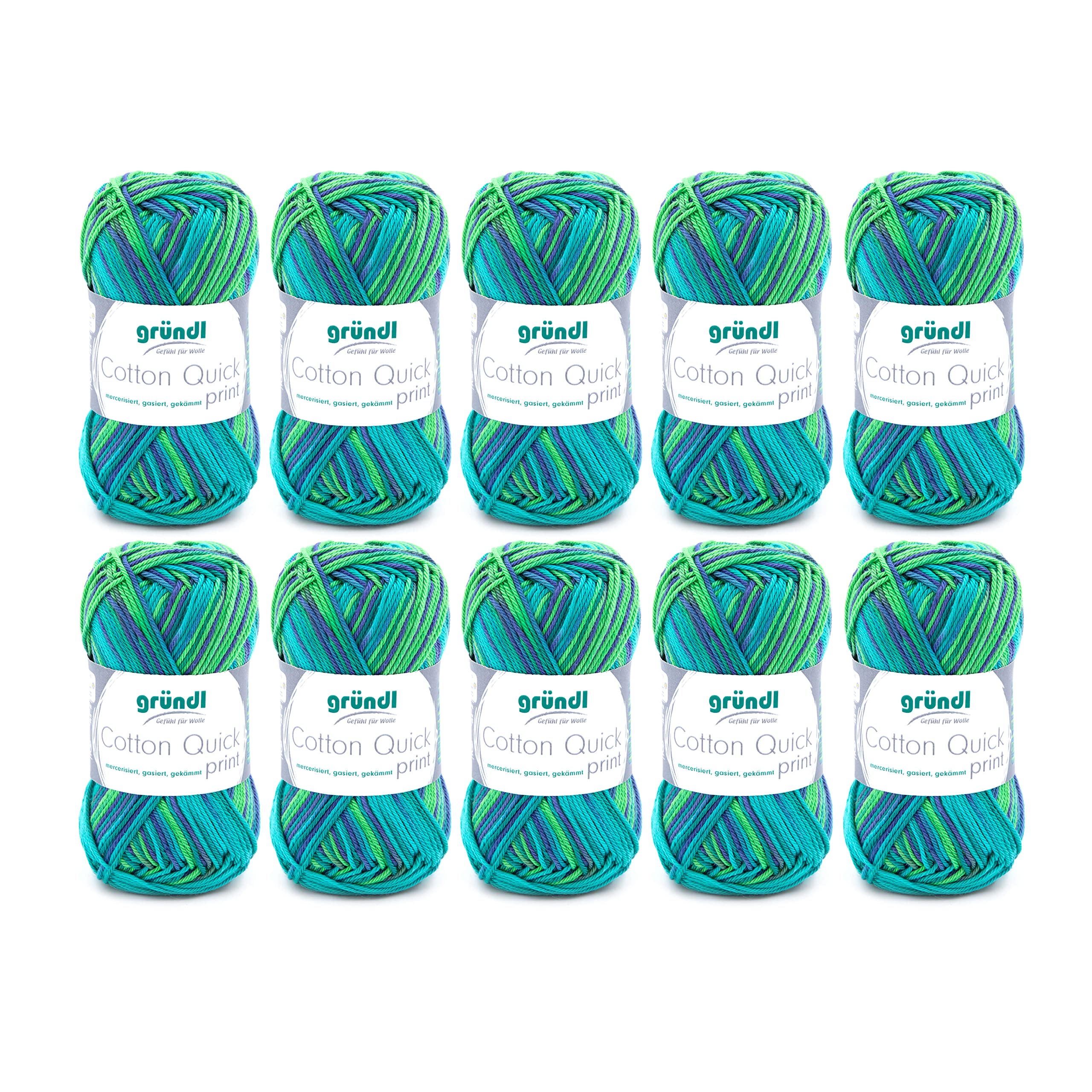Gründl Cotton Quick Print Knitting Yarn 100% Cotton Colourful Yarn Oeko-Tex Certified 50g / 125m Needle Size 3-4 10 x 50g Green Multicoloured