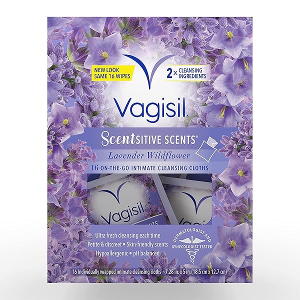 VAGISIL SCENTSITIVE SCENTS ON-THE-GO FEMININE CLEANSING WIPES, PH BALANCED, LAVENDER WILDFLOWER, INDIVIDUALLY WRAPPED, 16 COUNT (PACK OF 1)