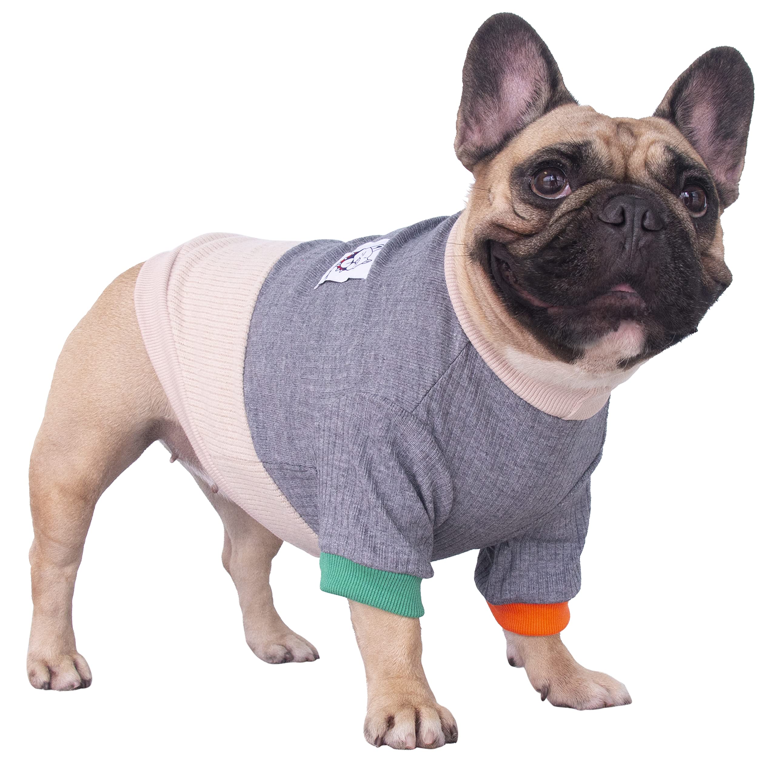 iChoue Pet Dog Jumpers Crewneck Sweater Color Block Pullover Winter Warm Clothes for French Bulldog Frenchie Pug Puppy - Grey and Yellow/Small