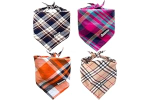 MAMORE Plaid Dog Bandanas, 4 Pack Soft Adjustable Triangle Bibs Square Cotton Kerchief Scarfs for Small Medium Large Dogs and Cats(Large, Classic Plaid Pack)