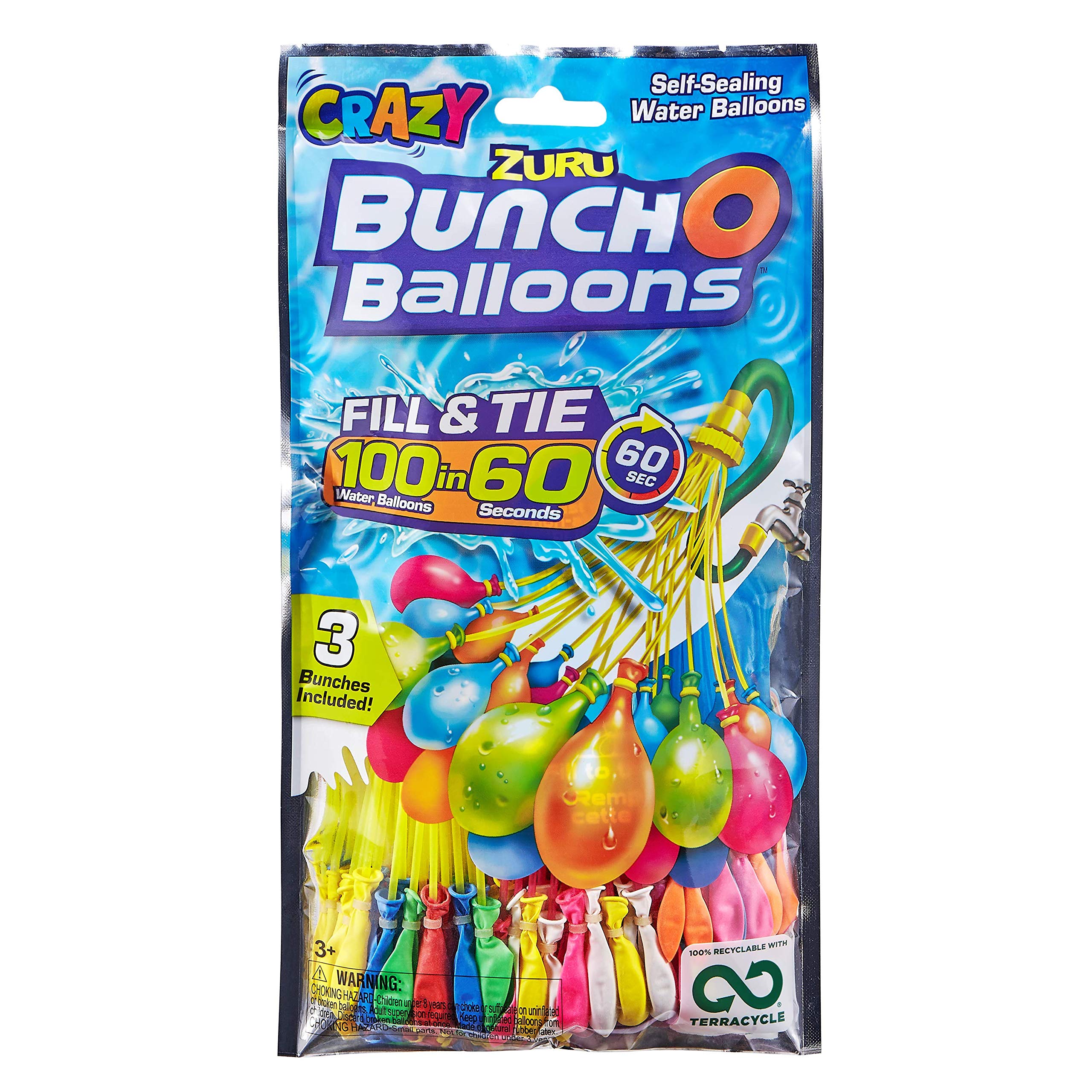 SHS-Yard crazy1 ZURU Bunch O Balloons - 105 Pieces / 100 in 60 Seconds/Self-Closing/Water Balloons / 3 Bundles of 35 Water Bombs/Water Balloons Seal/Self Seal/Crazy