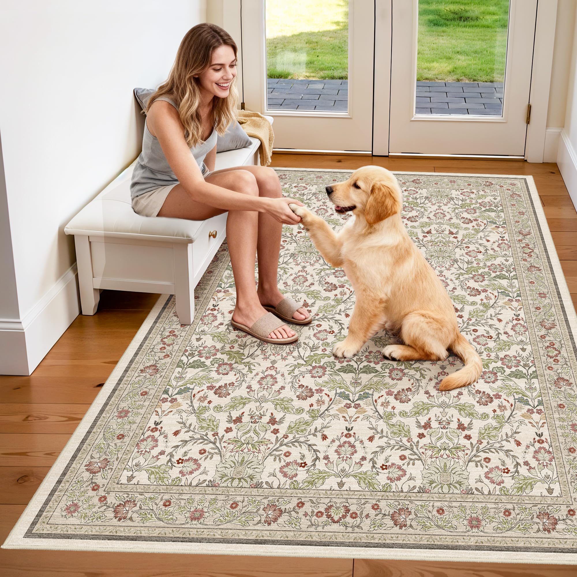 4x6 Rug Washable for Entryway: Floral Runner for Bedroom - Ultra Thin Low Pile Stain Resistant Carpet - Home Decor for Vintage Style Lover - 4x6 offwhite Image